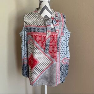 Chico's Patterned Blouse with Bow & Open Shoulder - Long Sleeve - Size: 2